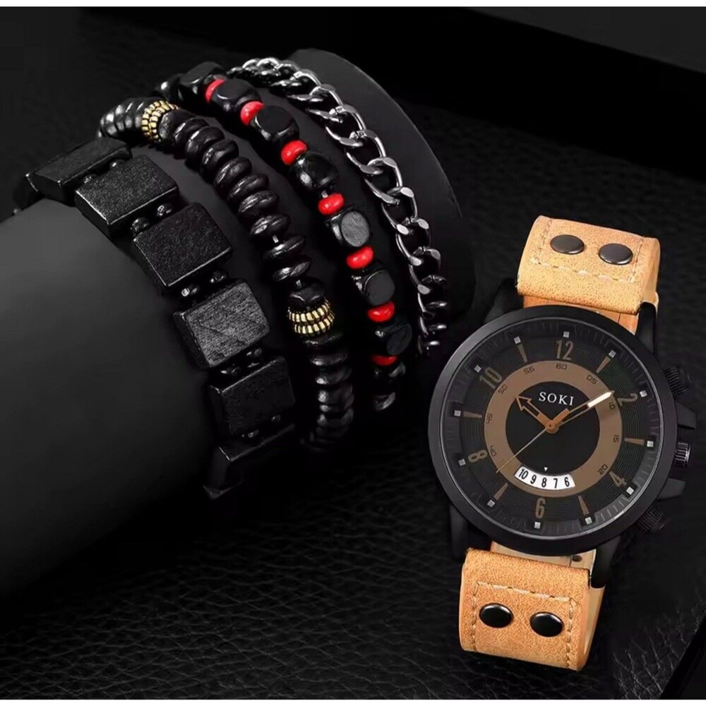 SOKI Black Brown Men's Watch Casual Style Date Leather Strap with 4 Bracelets
